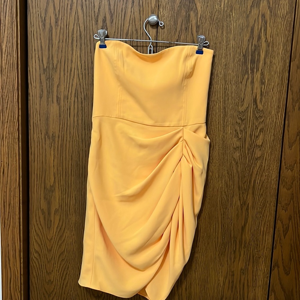 Amanda Uprichard Strapless Draped Midi Dress in Peach